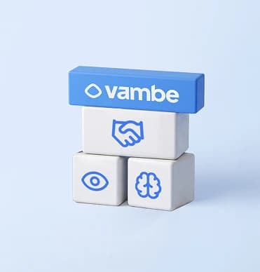 Bloques con el logo de Vambe representando percepción, proceso y acción
