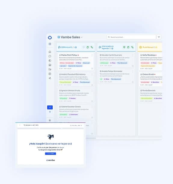 Tablero de embudo de Vambe junto a la pantalla de bienvenida de un cliente nuevo