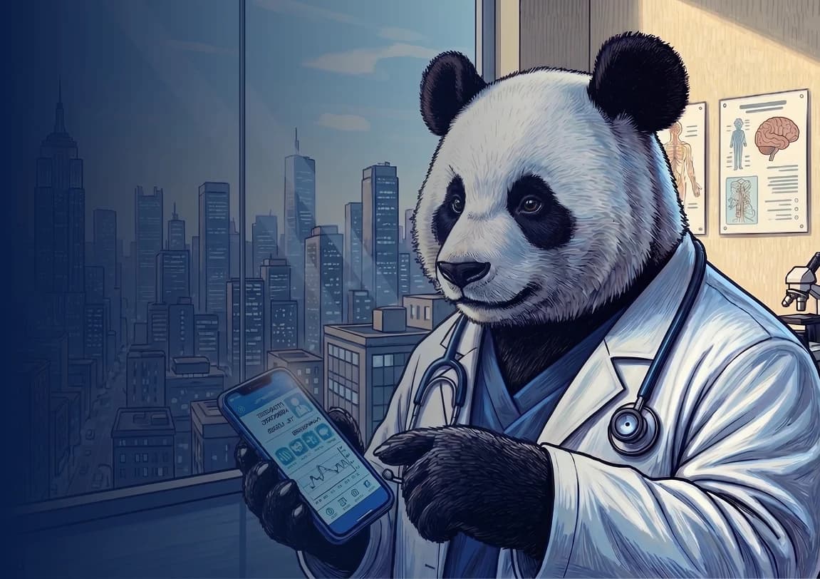 Panda con delantal blanco revisando la agenda de la clínica en su teléfono