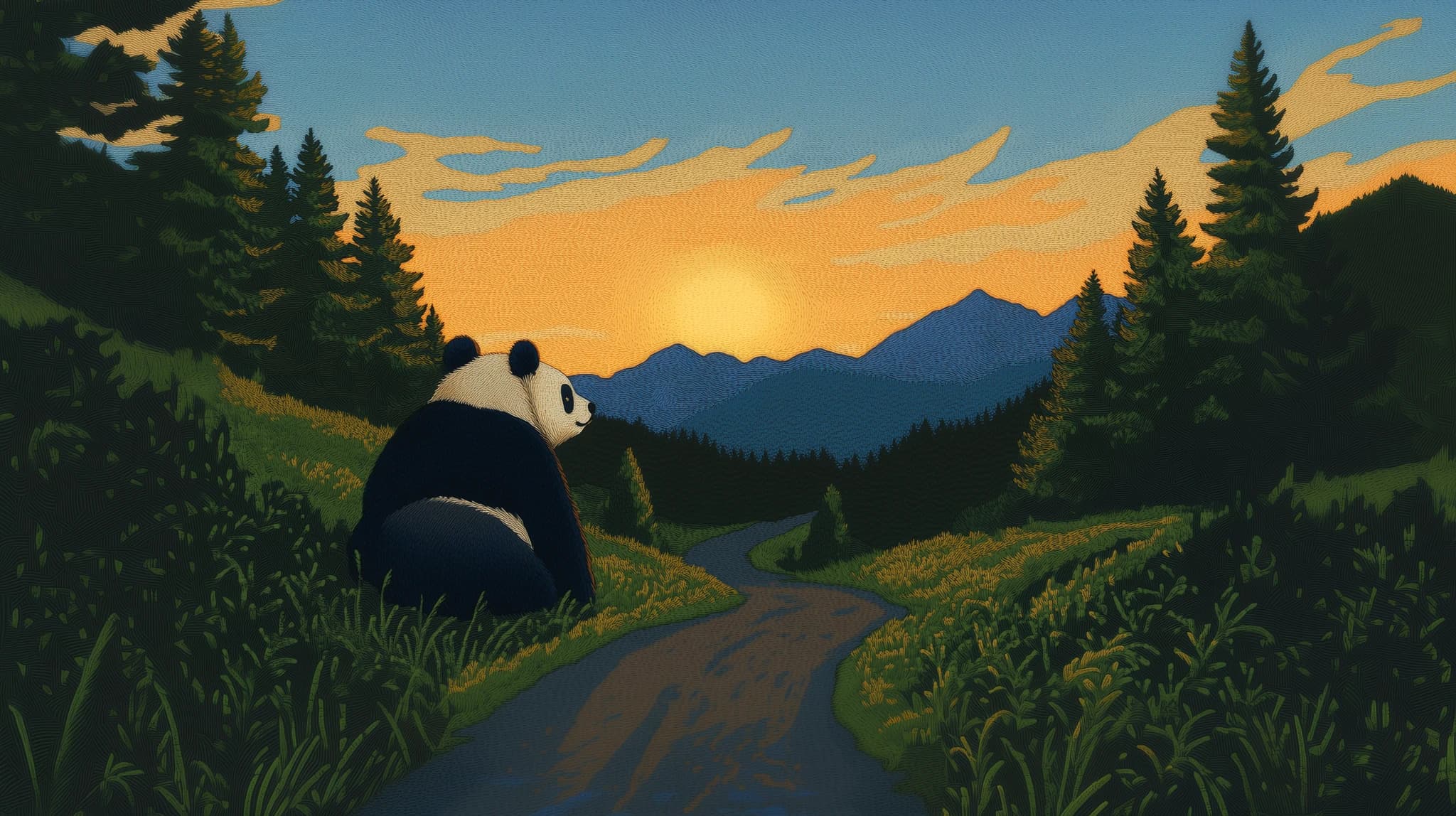 PandAI mirando el atardecer