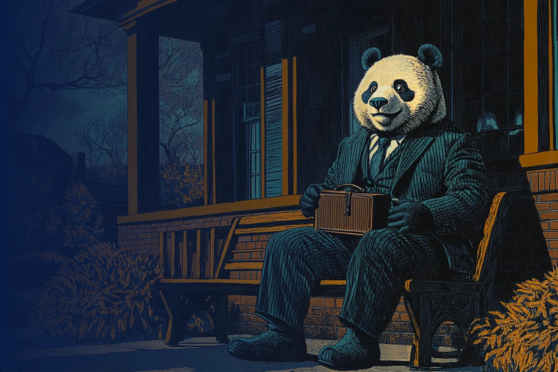 Panda de traje esperando en la entrada de una oficina